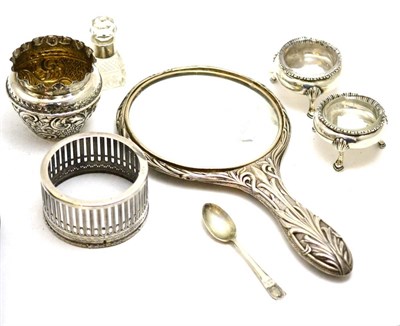 Lot 170 - Silver backed hand mirror, silver vase spoon, scent bottle, WMF coaster and a pair of salts