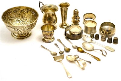 Lot 173 - A Sheffield silver bowl, various spoons, napkin rings, condiments etc