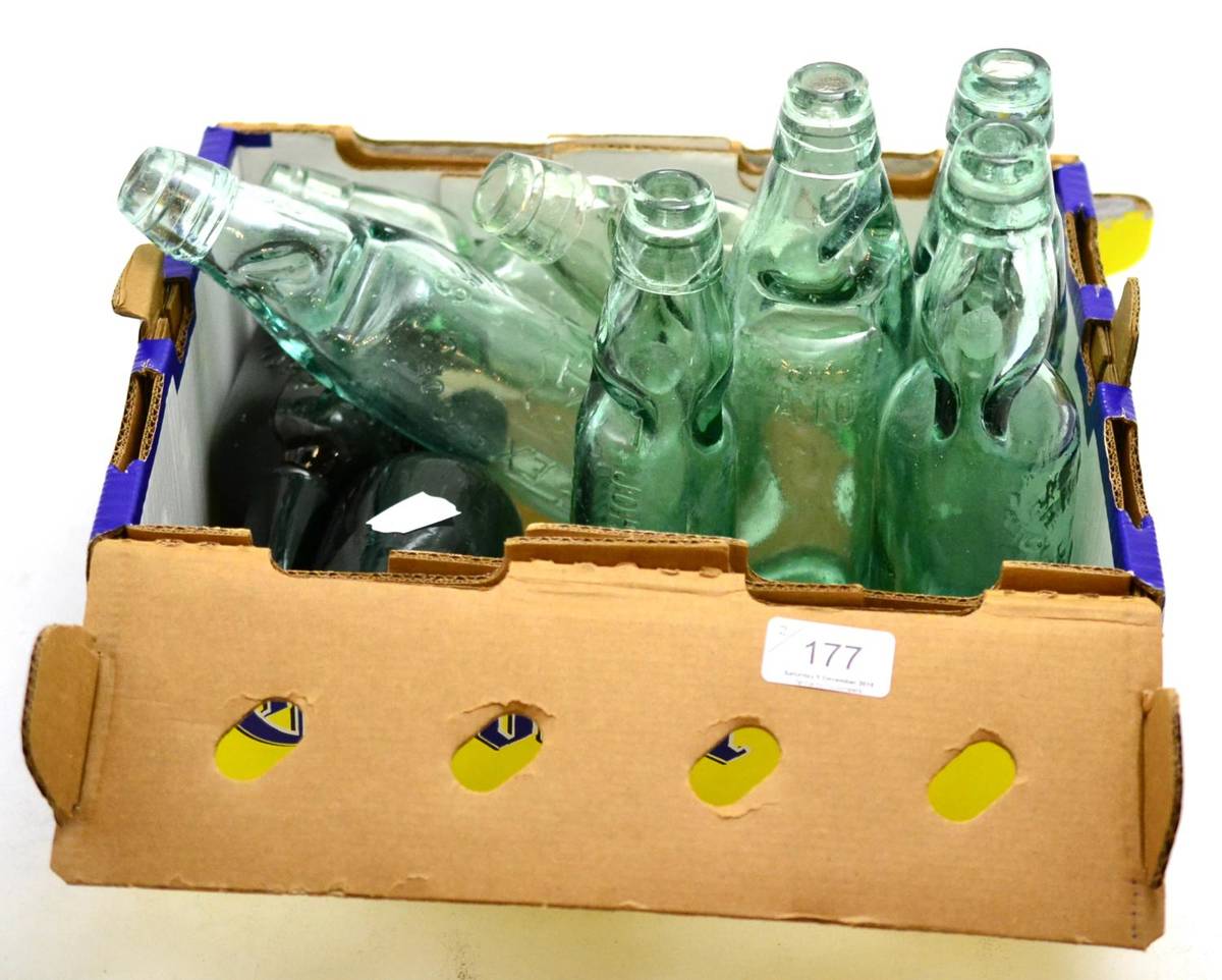 Lot 177 - A collection of eight North Eastern interest cod bottles, two green beer bottles and quantity...