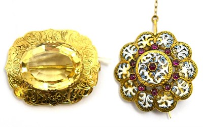 Lot 181 - A citrine brooch and an enamelled brooch