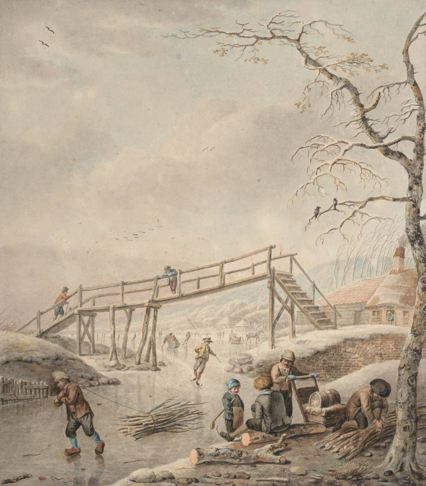 Lot 1 - Attributed to Hendrik Willem Schweickhardt (1747-1797) German  Frozen river landscape  Watercolour