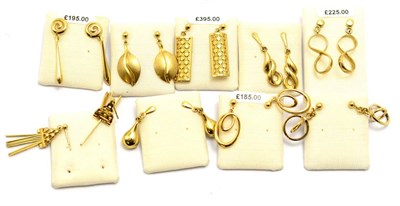 Lot 191 - Nine pairs of 9ct gold drop earrings