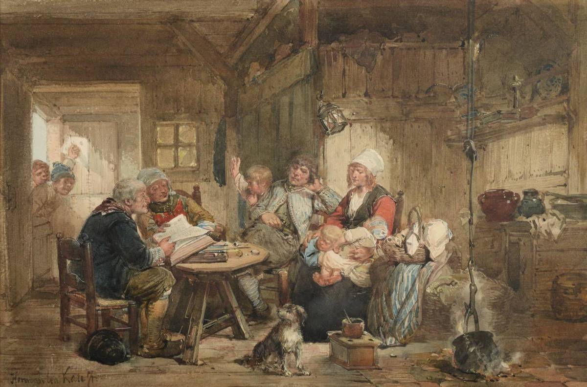 Lot 2 - Herman Frederik Carel ten Kate (1822-1891) Dutch  Cottage interior with reading of the family bible
