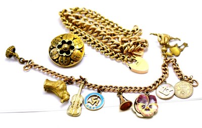 Lot 197 - A curb and lock bracelet, a fancy link bracelet, a charm bracelet and a brooch