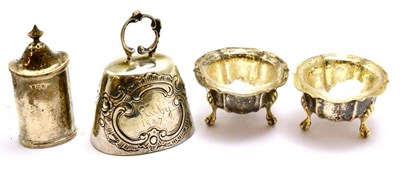 Lot 211 - Dutch silver bell, pair of silver salts and a pepper  Provenance: Property of Countess Zapata...