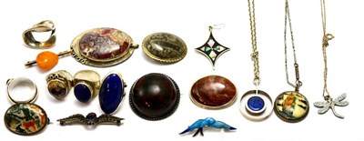 Lot 216 - Assorted enamel, seed pearl agate silver and white metal jewellery