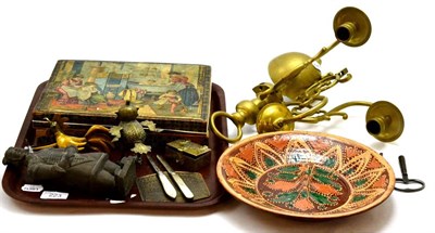 Lot 223 - Brass Dutch style three branch wall light, pottery plate, jigsaw game in original box, two...