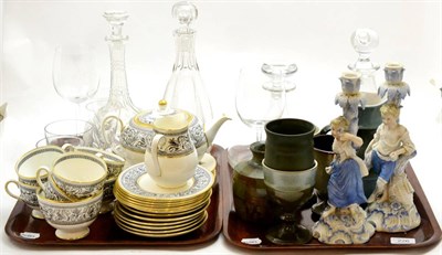 Lot 226 - Wedgwood Florentine pattern part tea service, Dartington glassware, pair of bisque figural...