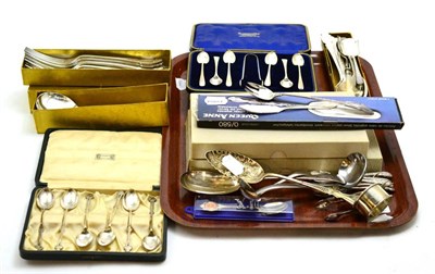 Lot 234 - Two cased sets of silver teaspoons, silver napkin ring, plated flatware etc