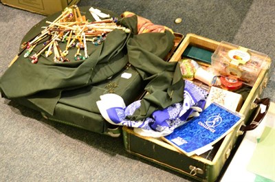 Lot 238 - Suitcase of assorted lace making bobbins, threads, book accessories and two lace maker's mats