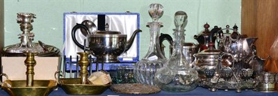 Lot 257 - A quantity of silver plated items including tea wares, flatware, tray, two glass decanters and...