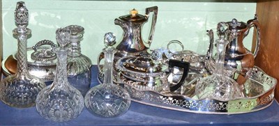 Lot 259 - Silver plated tray, silver plated teawares, five glass decanters, entree dish, etc