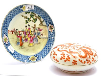 Lot 272 - A Chinese porcelain polychrome plate decorated with figures together with a Chinese porcelain...