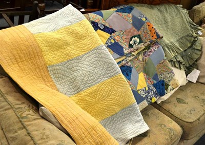 Lot 283 - Early 20th century cotton single crazy patchwork quilt, a double orange, blue and yellow...