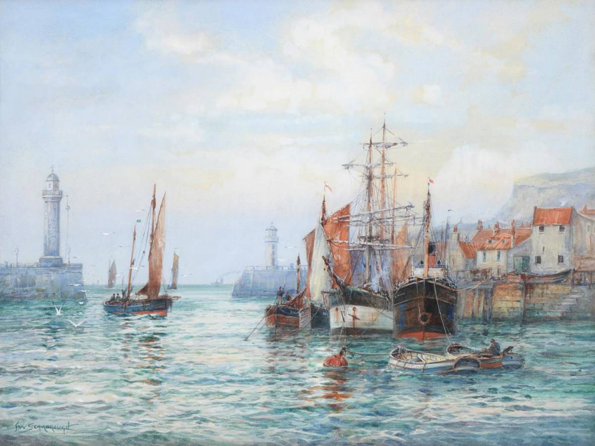 Lot 11 - Frank (Frederick) William Scarborough (1896-1939)  Whitby Harbour  Signed, watercolour...
