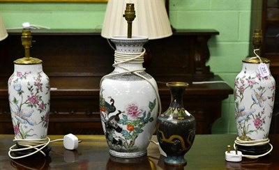 Lot 287 - Three Chinese vases mounted as table lamps together with a Chinese cloisonne vase