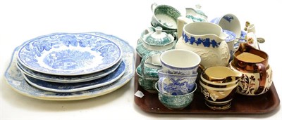 Lot 295 - Assorted decorative blue and white pottery, modern Spode pottery in green and blue, Wedgwood bisque