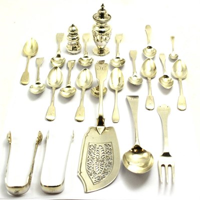 Lot 313 - Two silver tongs, silver fish slice, peppers etc