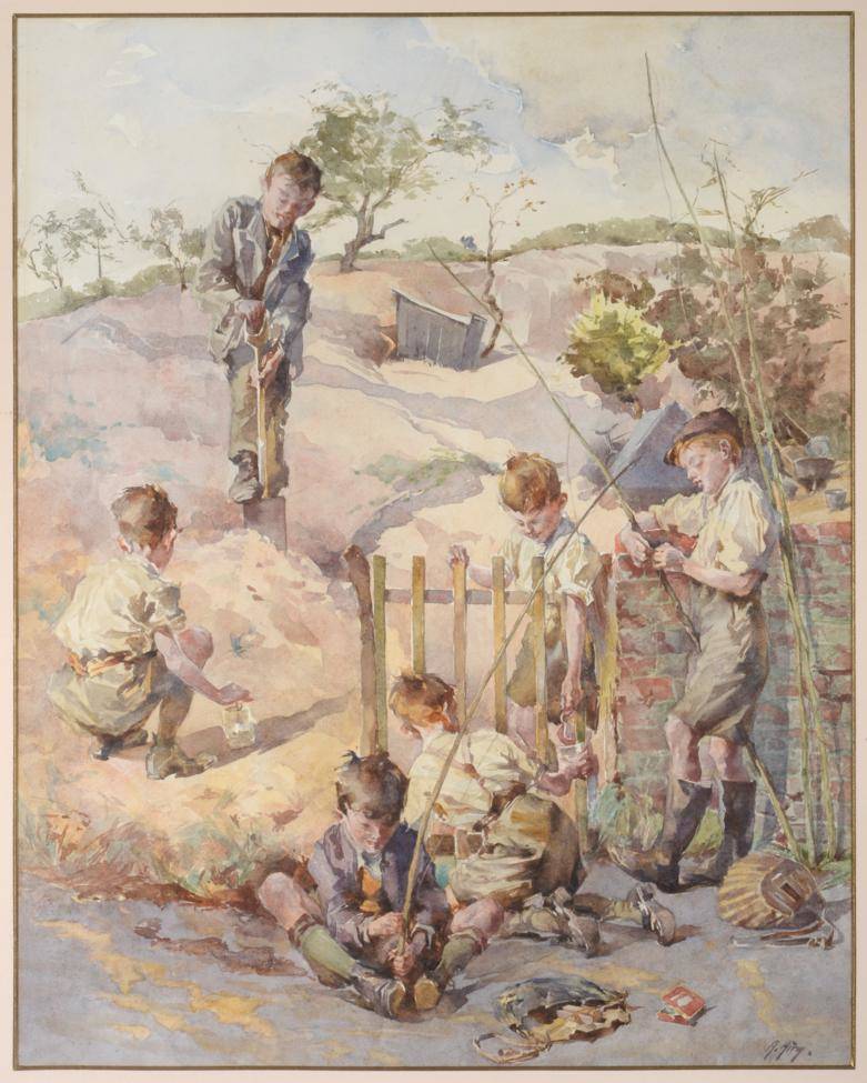 Lot 14 - Anna Airy (1882-1964)   "Bait "  Signed, with various labels verso, watercolour, 58cm by 45.5cm...