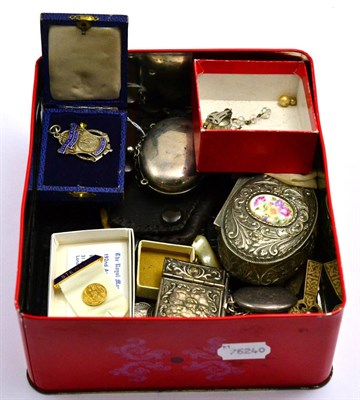 Lot 318 - A silver purse, silver enamel medal, etc (in a tin box)