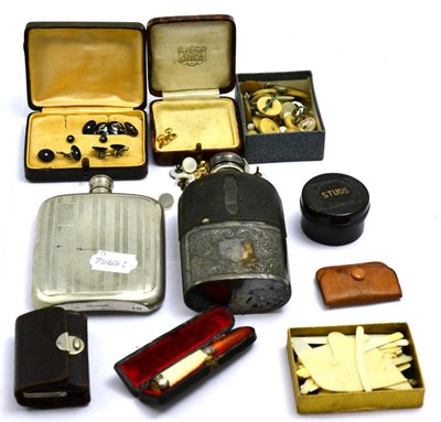 Lot 320 - A small quantity glass including spirit flasks, dress studs, coins, a cheroot holder etc