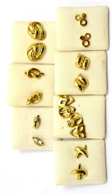 Lot 337 - Seven pairs of stud earrings; including six pairs of 9ct gold earrings and one other