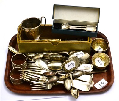 Lot 339 - A collection of silver flatware, dishes, decanter labels, etc