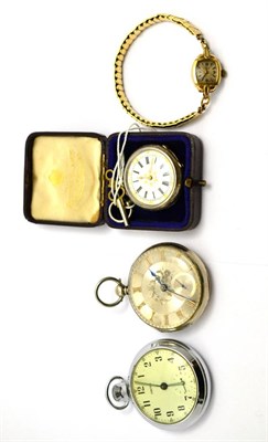 Lot 345 - A lady's fob watch, silver pocket watch, a lady's Roamer wristwatch and a Smiths pocket watch