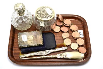 Lot 352 - A silver card case, coin belt, silver mounted comb, shoe horn, silver and sterling mounted...