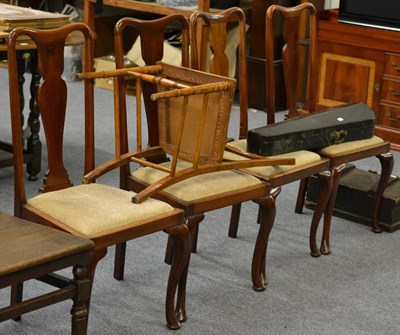 Lot 1011 - Four circa 1920's walnut dining chairs, violin in case (a.f.) and hinged box of tools