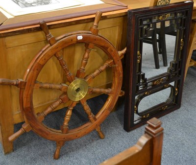 Lot 1015 - Teak ship's wheel and a Chinese wall mirror in rosewood and ebonised frame