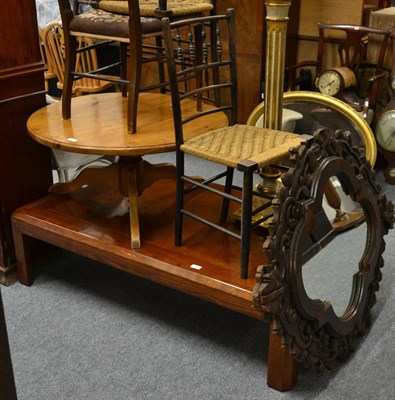 Lot 1020 - A modern inlaid low coffee table and a carved oak oval shaped wall mirror