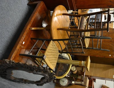 Lot 1021 - A pine low table, three spindle back rush seat chairs, an inlaid bedroom chair with woolwork...