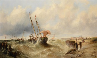 Lot 23 - Attributed to William Calcott Knell (1830-1880)  Shipping off a pier on a breezy day...