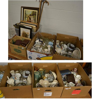 Lot 1047 - Large quantity of assorted household ceramics, glass, metalware, prints etc (in six boxes)