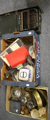 Lot 1048 - Two boxes of miscellaneous including planter, silver plate, china, glass, stamps, together with...