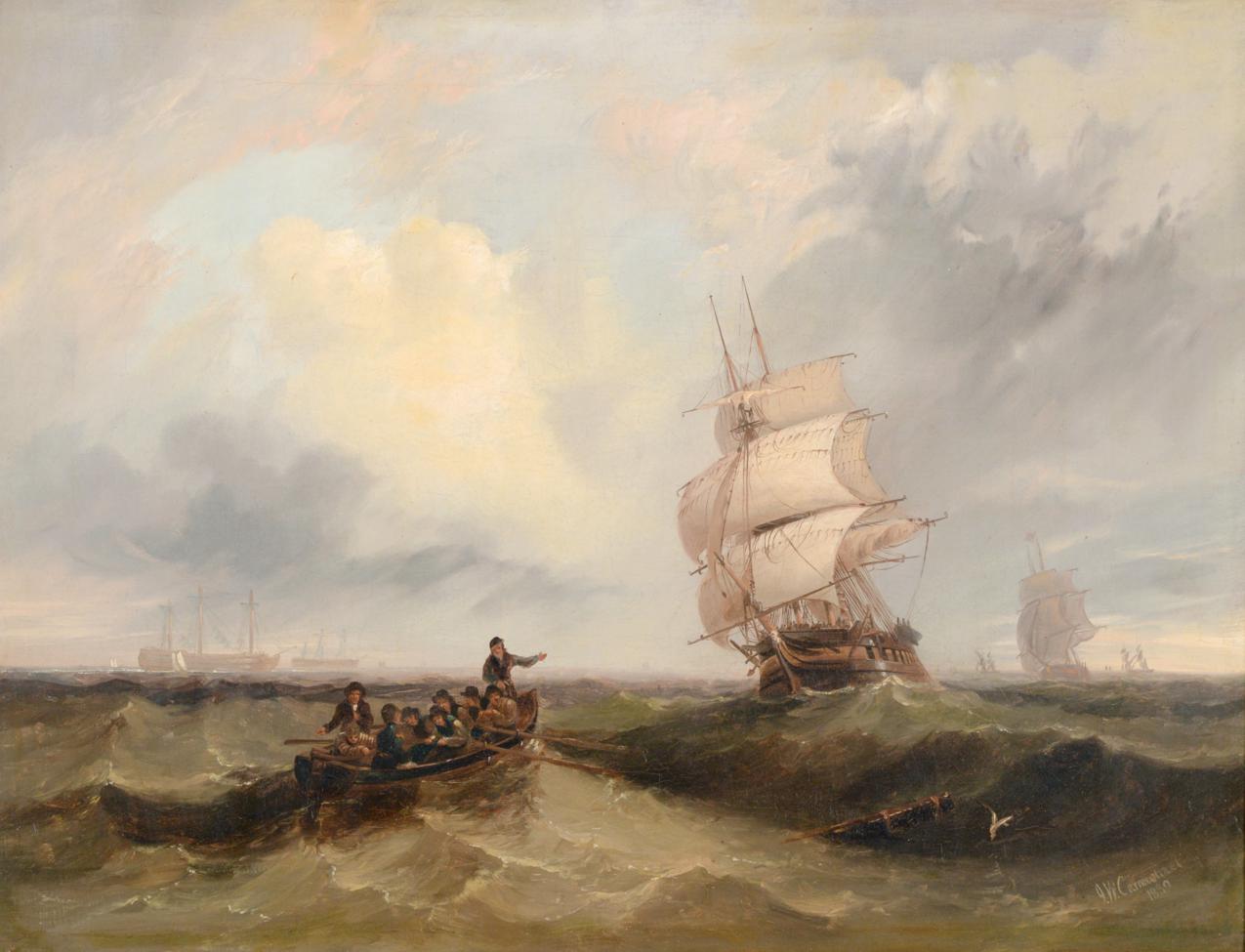 Lot 24 - John Wilson Carmichael (1800-1868) Shipping in choppy waters Signed and dated 1839, oil on...