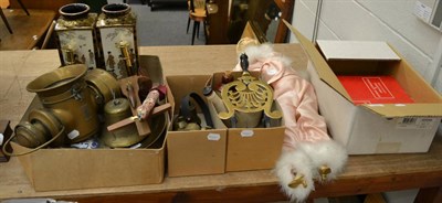 Lot 1062 - A group of 19th century brass bells, a reproduction lantern, pair of push up candlesticks,...