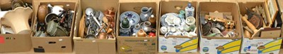 Lot 1063 - A quantity of kitchenalia, tools, clock etc (in seven boxes)