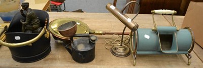 Lot 1064 - Assorted brass and metalware including Patent Coal Depot, bed warming pan, etc