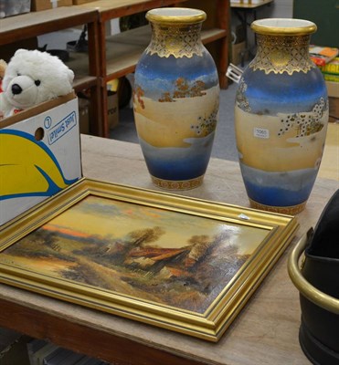 Lot 1065 - Two Japanese vases (a.f.) and a gilt framed oil on canvas of a cottage by a country lane,...