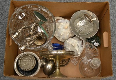 Lot 1071 - Pair of cameo engraved nautilus shells, cut glassware, plated wares, etc (one box)