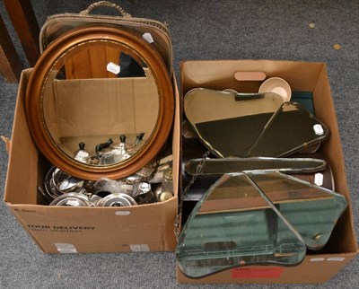 Lot 1073 - Accumulation of plated wares, clocks, brass and copper, mirrors, ceramics, etc (in two boxes)