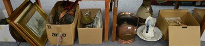 Lot 1094 - Assorted items including eastern copper vessels, scales and weights, pewter chargers and...