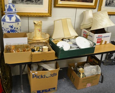 Lot 1095 - Large blue and white pottery vase and cover, table lamps and covers, shades, footstool, mantel...