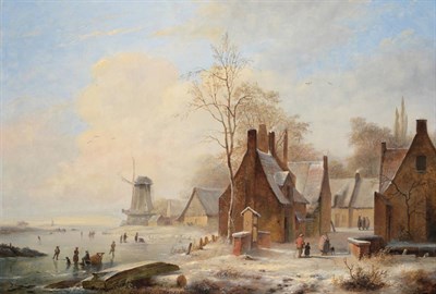 Lot 32 - J Moerman (19th century) Belgian  Figures skating in a frozen landscape Signed, oil on panel,...