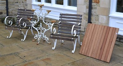 Lot 1118 - Pair of white painted wrought iron and wooden slatted garden chairs and a table