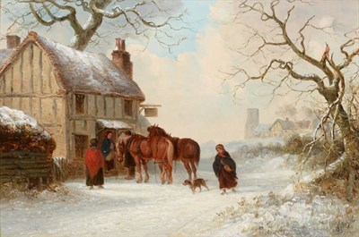 Lot 33 - Thomas Smythe (1825-1907) Winter outside the inn Signed, oil on panel, 24cm by 36.5cm  See...