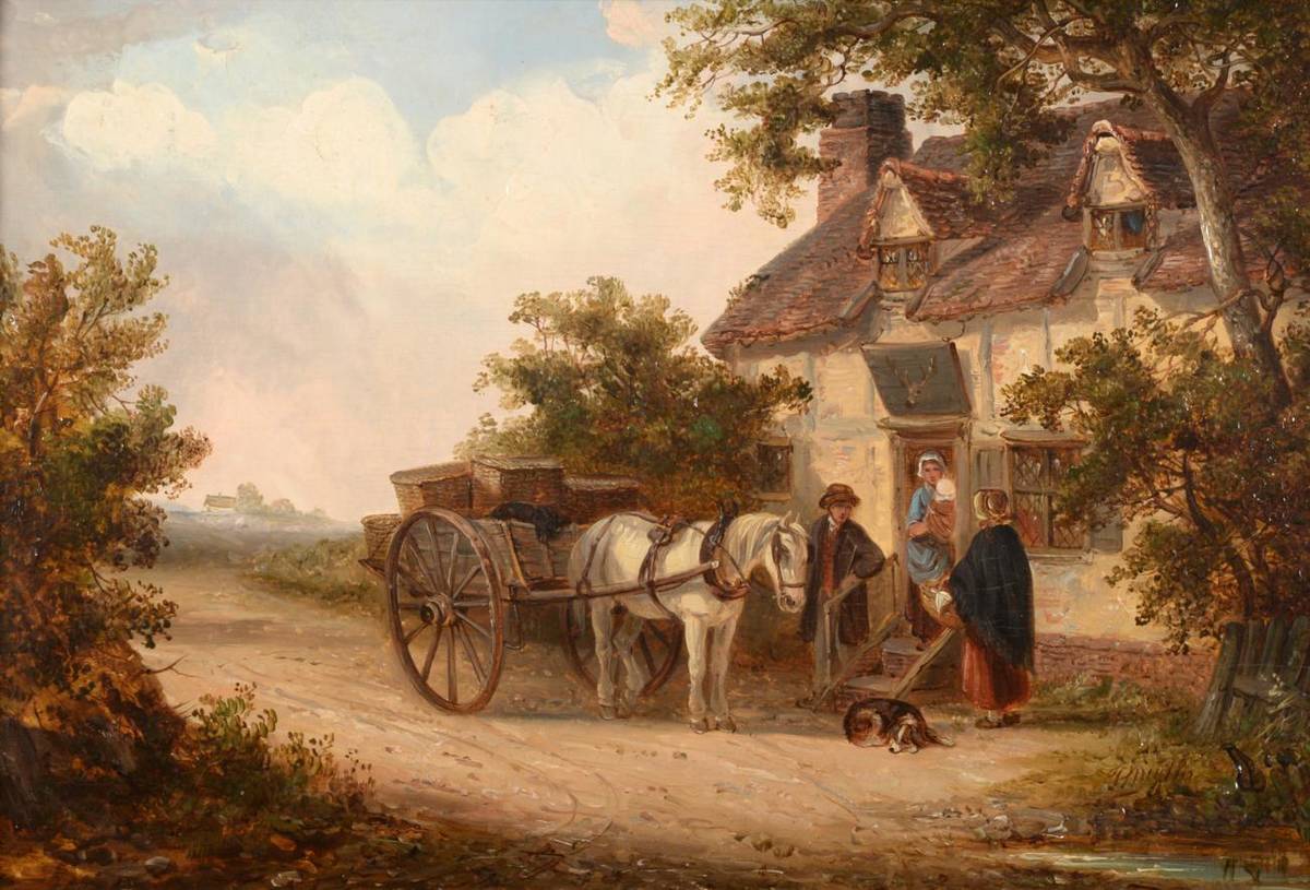 Lot 34 - Thomas Smythe (1825-1907) Summer outside the Stag's Head Inn  Signed, oil on panel, 25cm by 36.5cm
