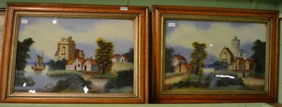 Lot 1135 - Pair of reverse paintings on glass of Church and cottages by a river, in maple frames